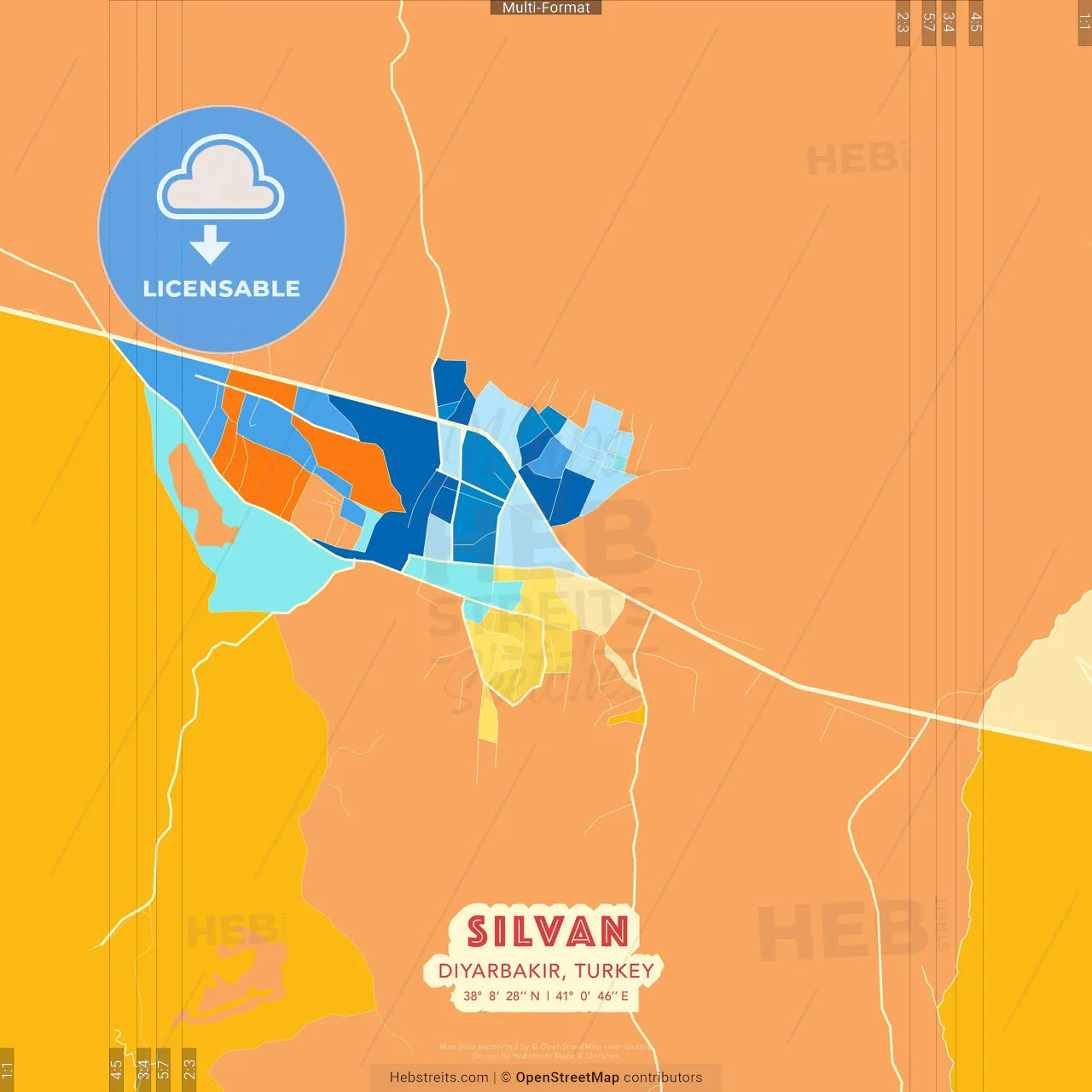 Silvan, Diyarbakır, Turkey blue and orange vector art map template
