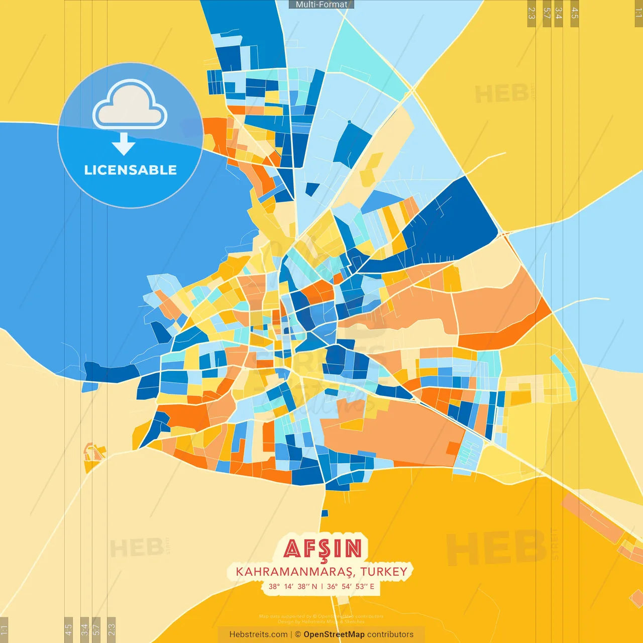 Afşin, Kahramanmaraş, Turkey blue and orange vector art map template