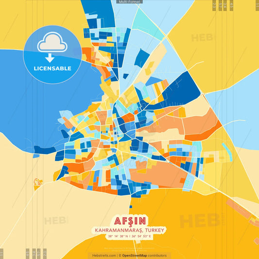 Afşin, Kahramanmaraş, Turkey blue and orange vector art map template