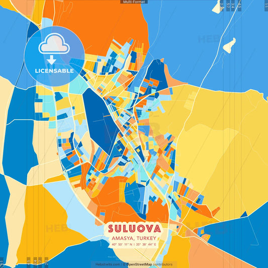 Suluova, Amasya, Turkey blue and orange vector art map template