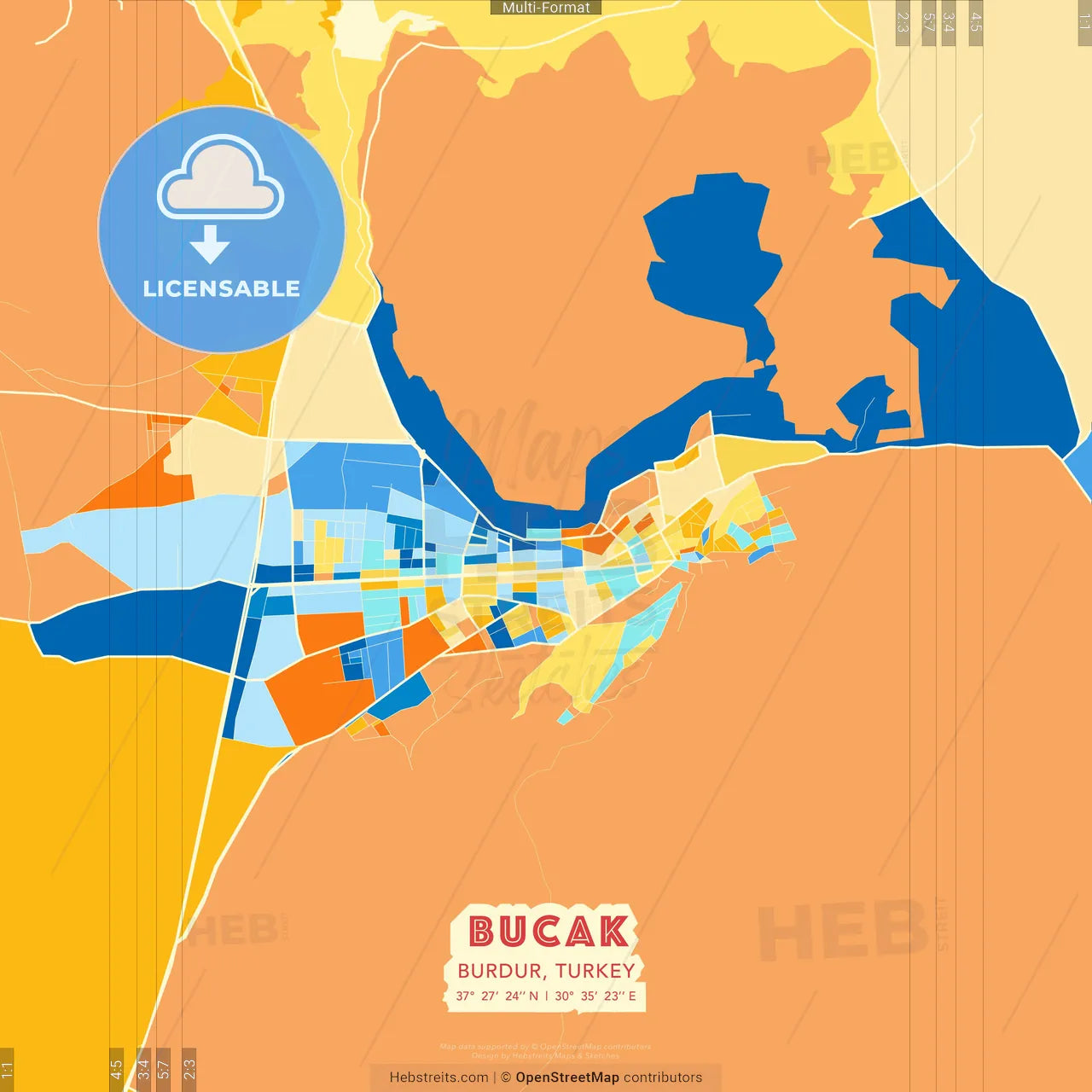 Bucak, Burdur, Turkey blue and orange vector art map template
