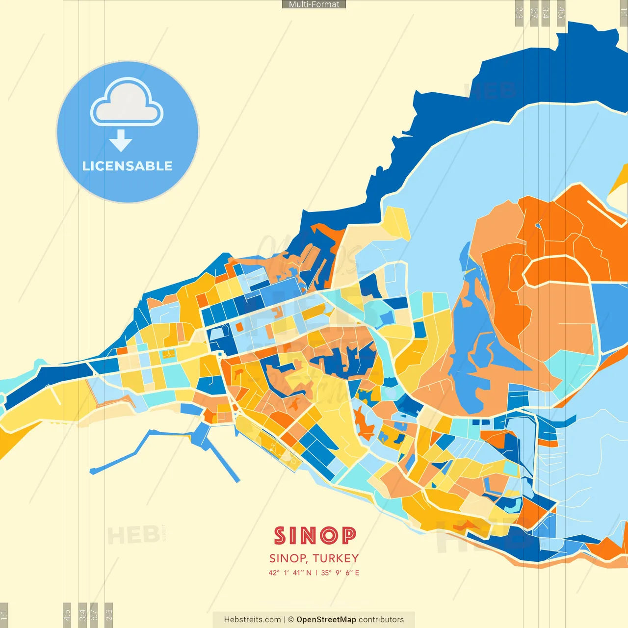 Sinop, Sinop, Turkey blue and orange vector art map template