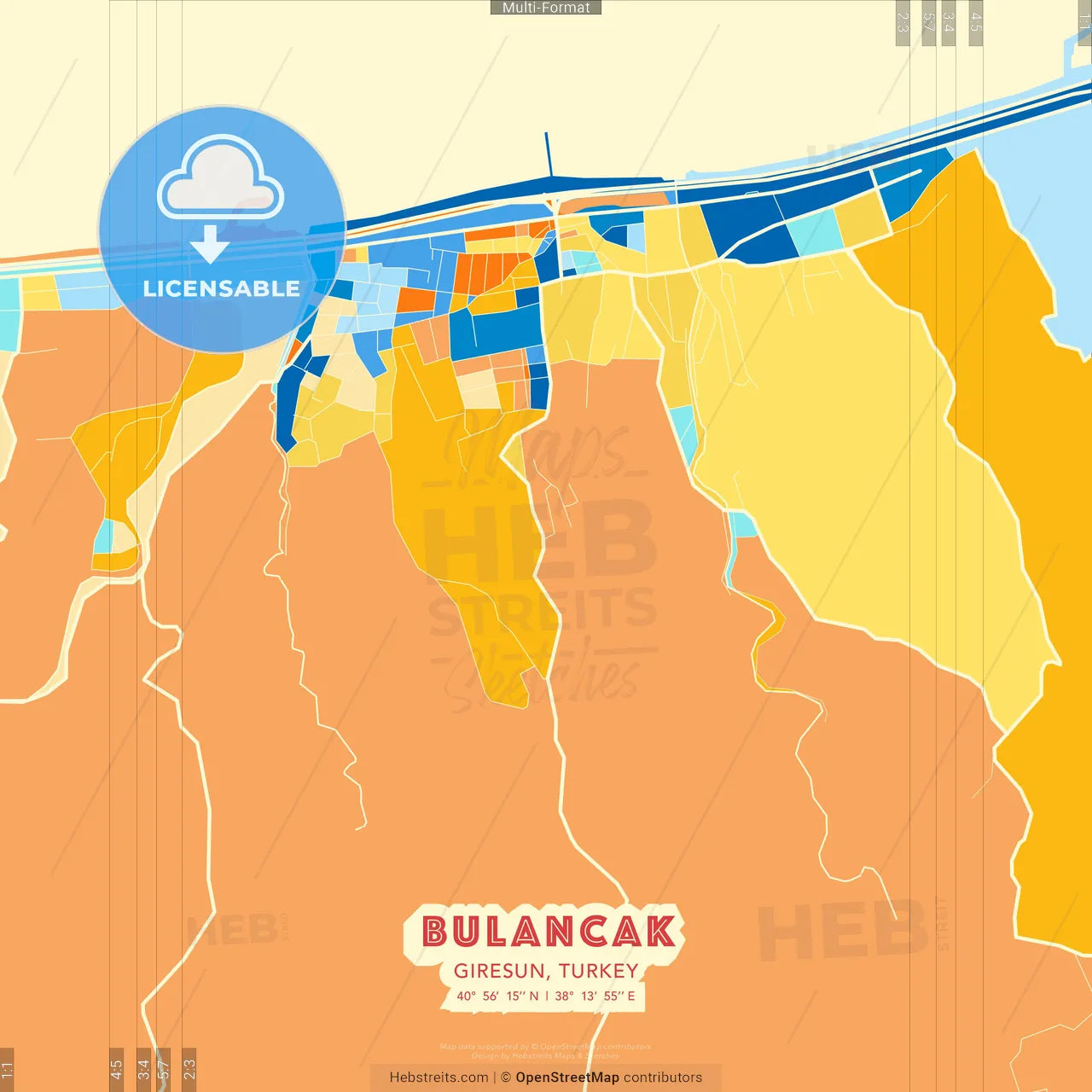 Bulancak, Giresun, Turkey blue and orange vector art map template