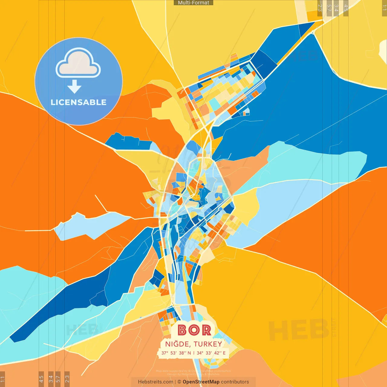 Bor, Niğde, Turkey blue and orange vector art map template