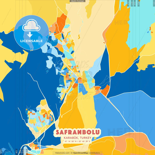 Safranbolu, Karabük, Turkey blue and orange vector art map template