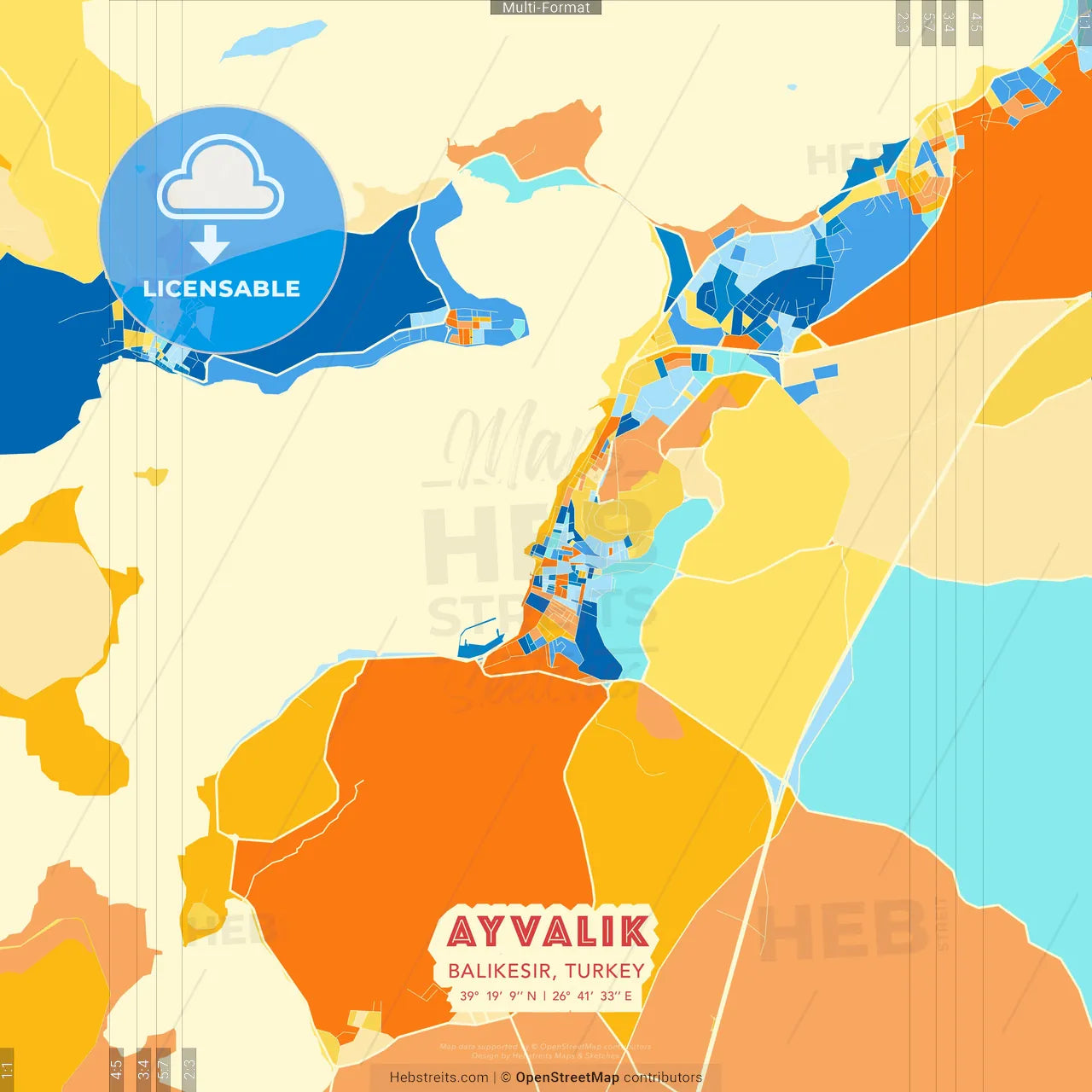 Ayvalık, Balıkesir, Turkey blue and orange vector art map template
