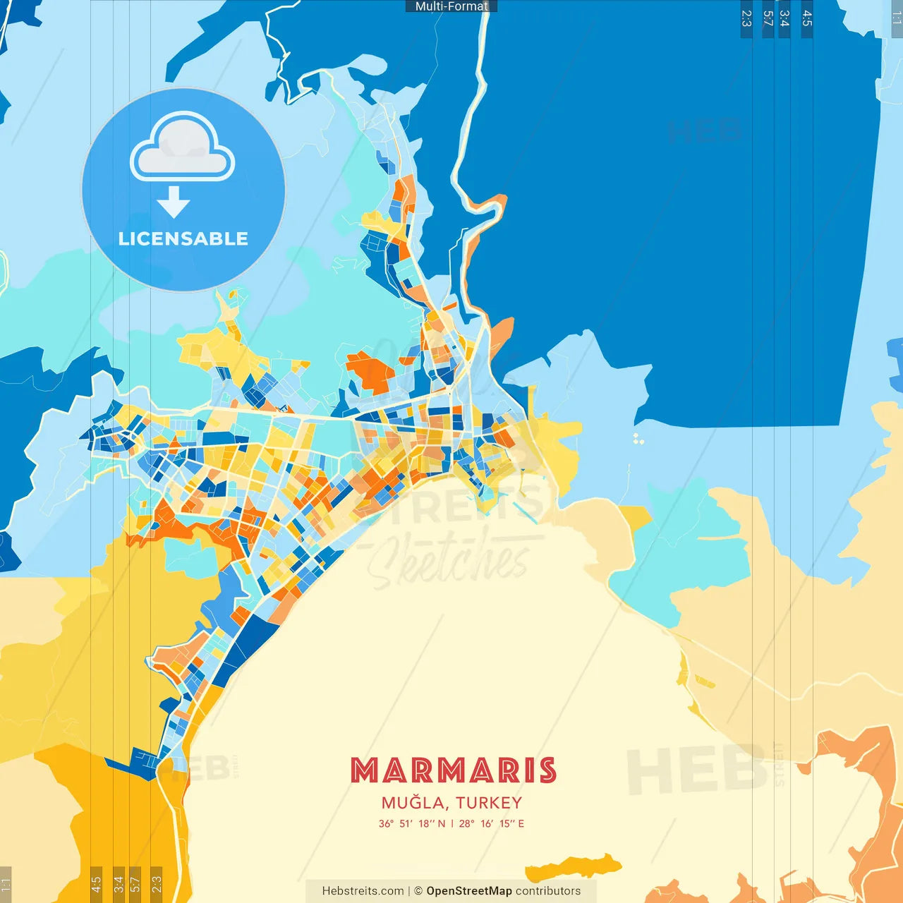 Marmaris, Muğla, Turkey blue and orange vector art map template