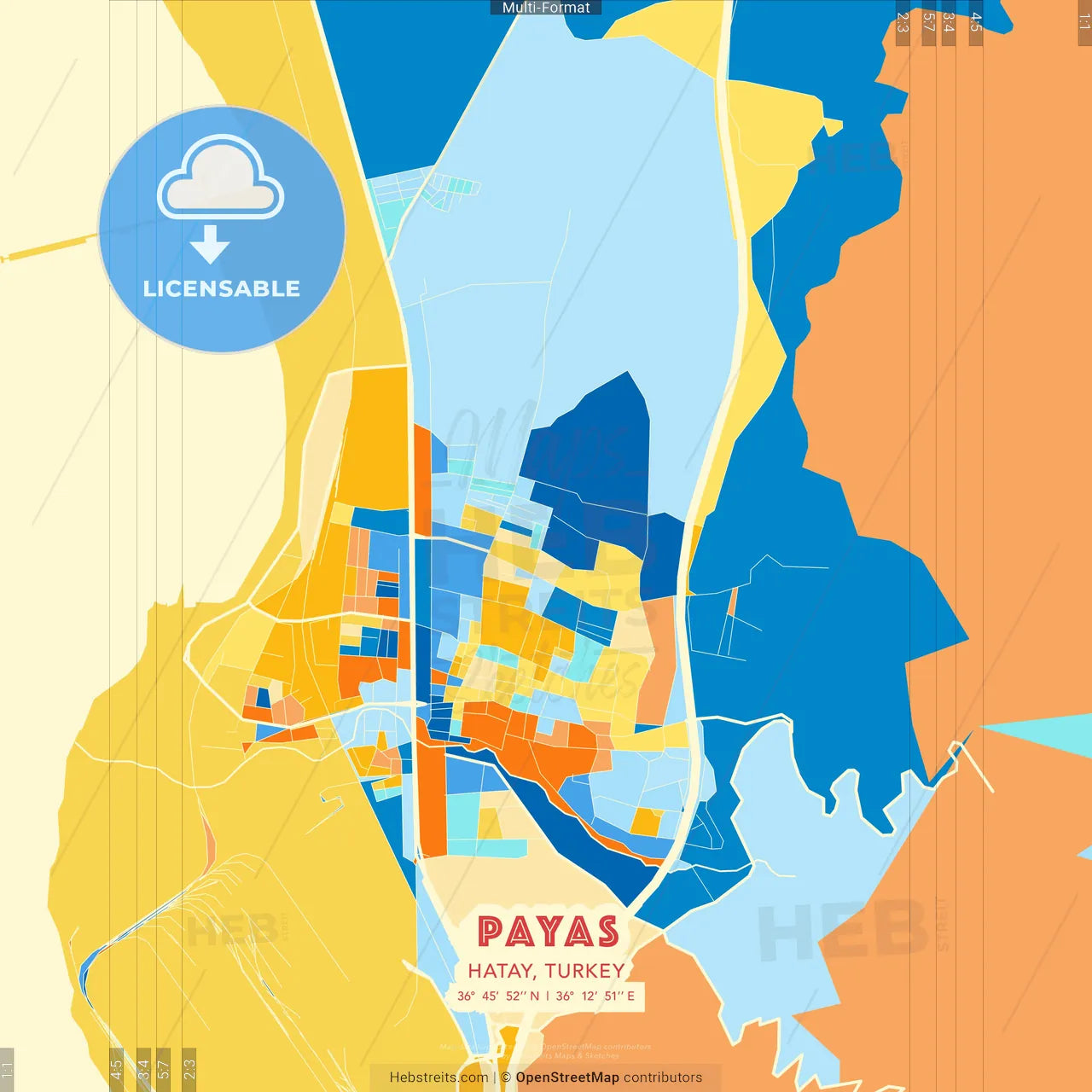 Payas, Hatay, Turkey blue and orange vector art map template