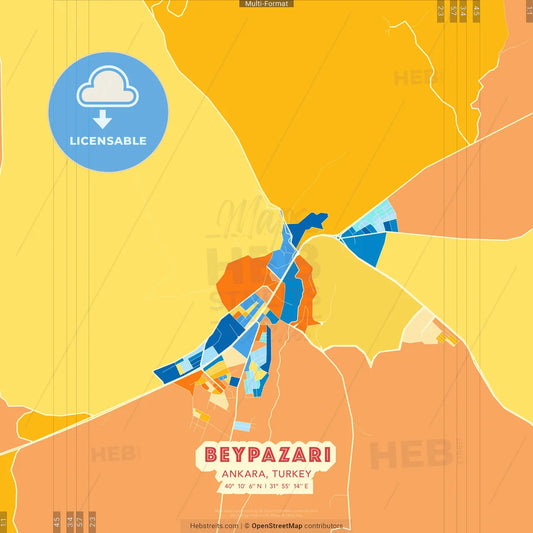 Beypazarı, Ankara, Turkey blue and orange vector art map template