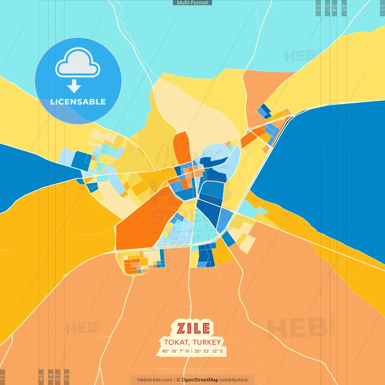 Zile, Tokat, Turkey blue and orange vector art map template