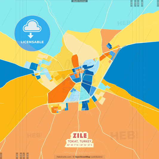Zile, Tokat, Turkey blue and orange vector art map template