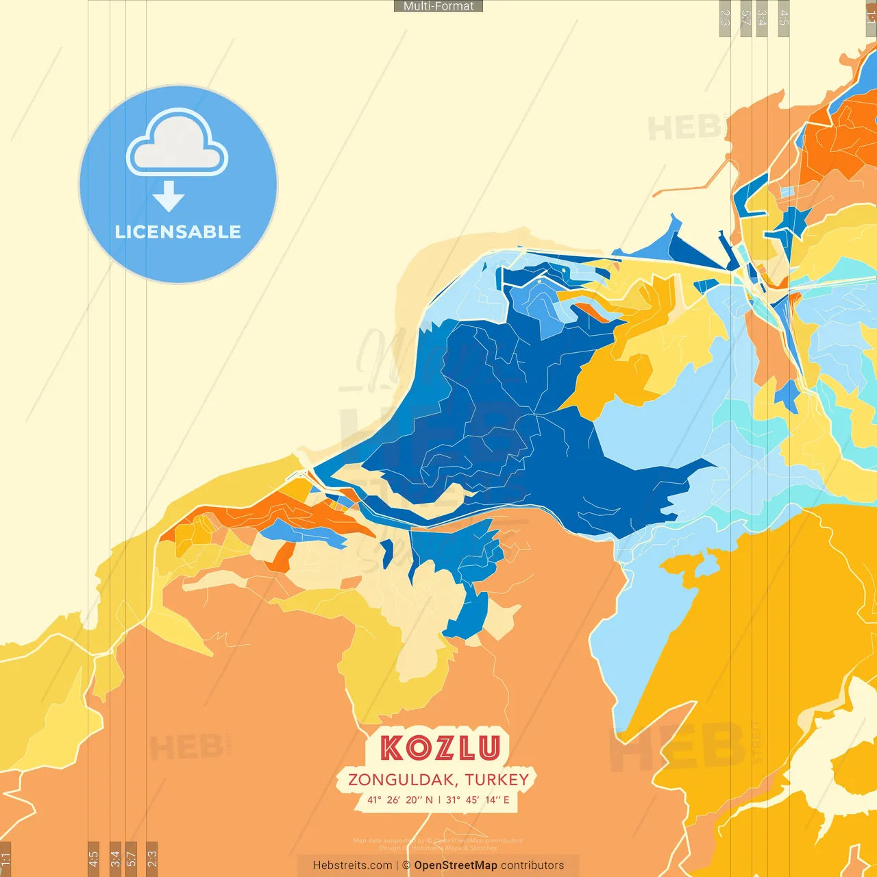 Kozlu, Zonguldak, Turkey blue and orange vector art map template