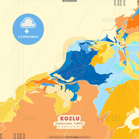 Kozlu, Zonguldak, Turkey blue and orange vector art map template