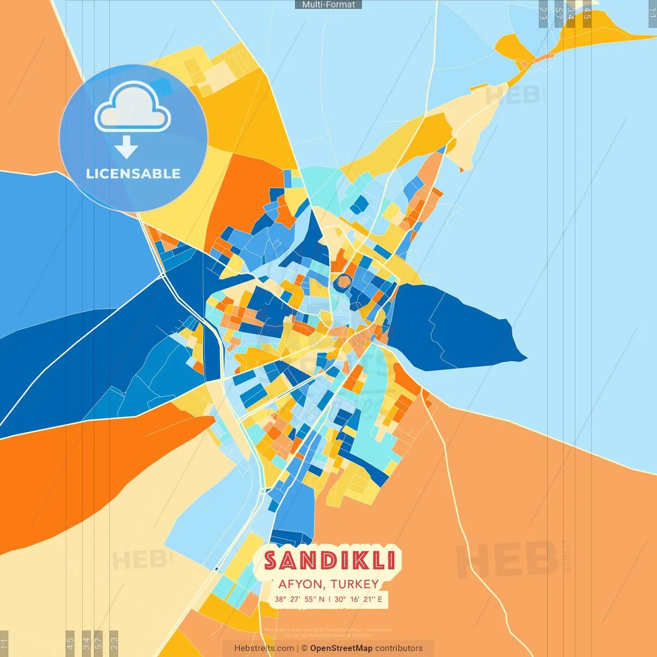 Sandıklı, Afyon, Turkey blue and orange vector art map template