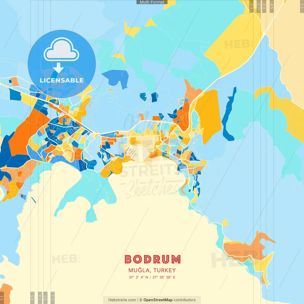 Bodrum, Muğla, Turkey blue and orange vector art map template