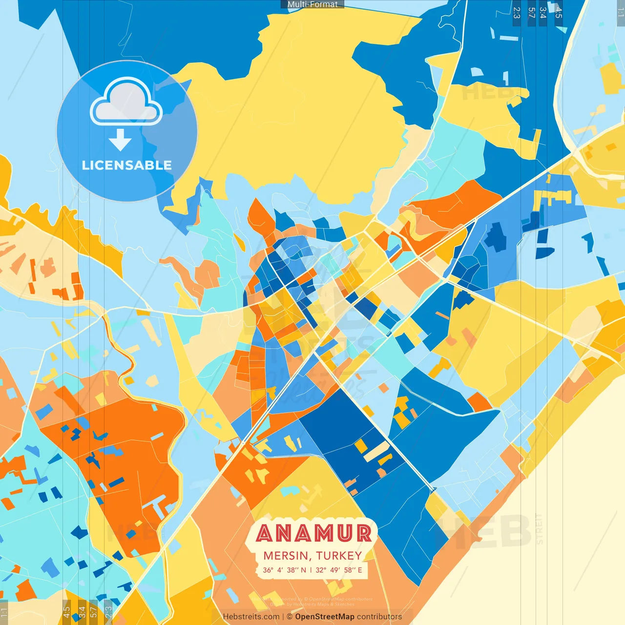 Anamur, Mersin, Turkey blue and orange vector art map template