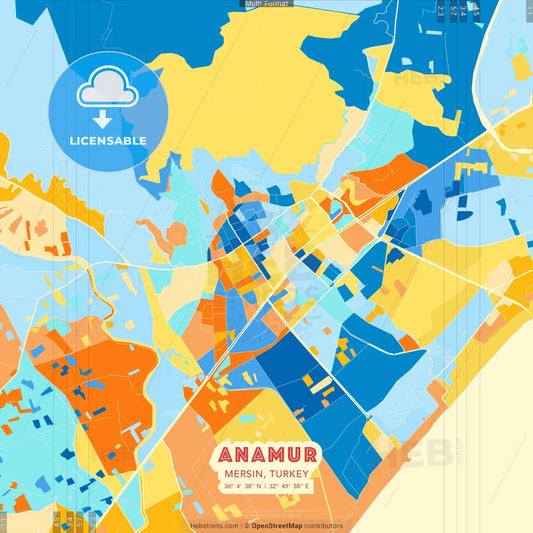 Anamur, Mersin, Turkey blue and orange vector art map template
