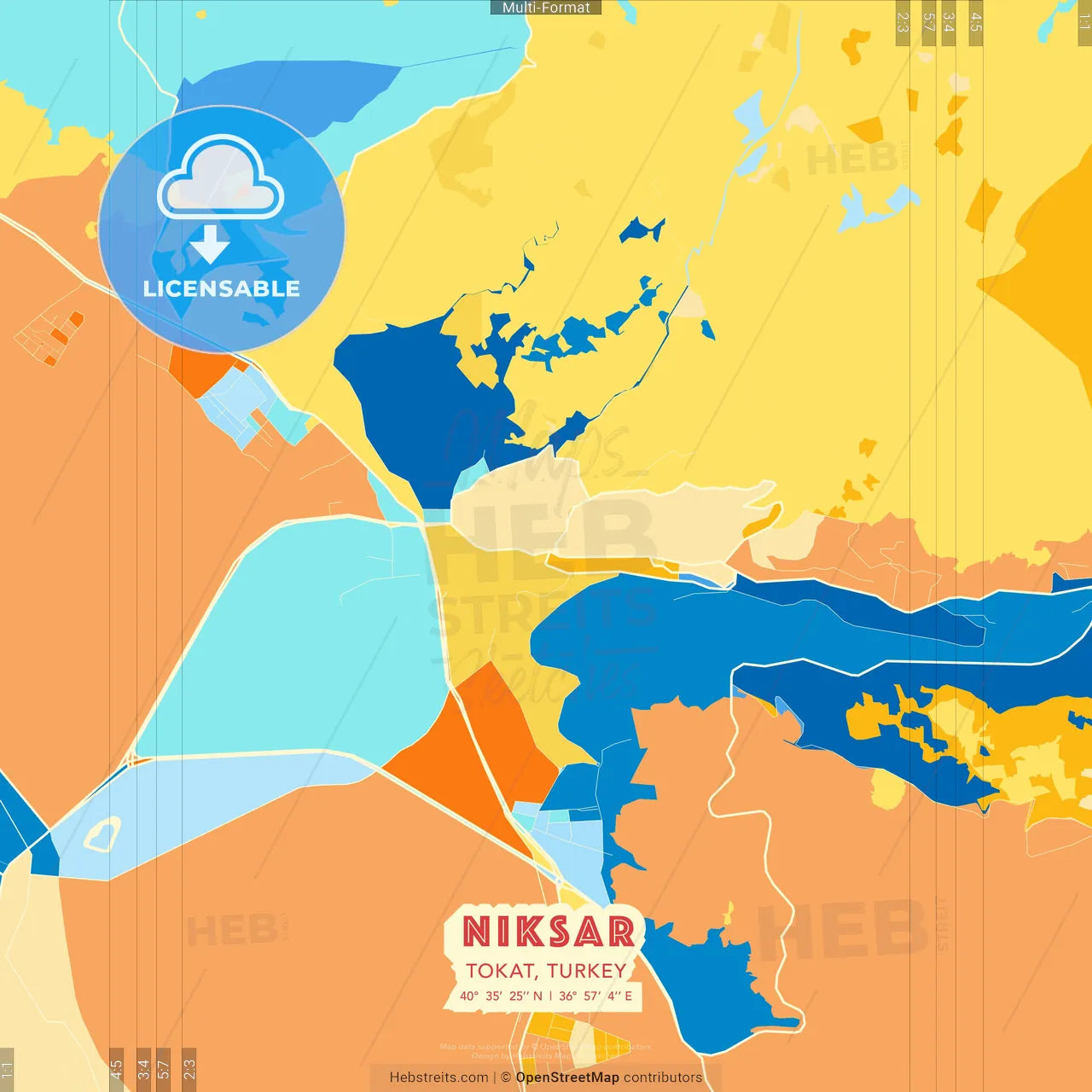 Niksar, Tokat, Turkey blue and orange vector art map template