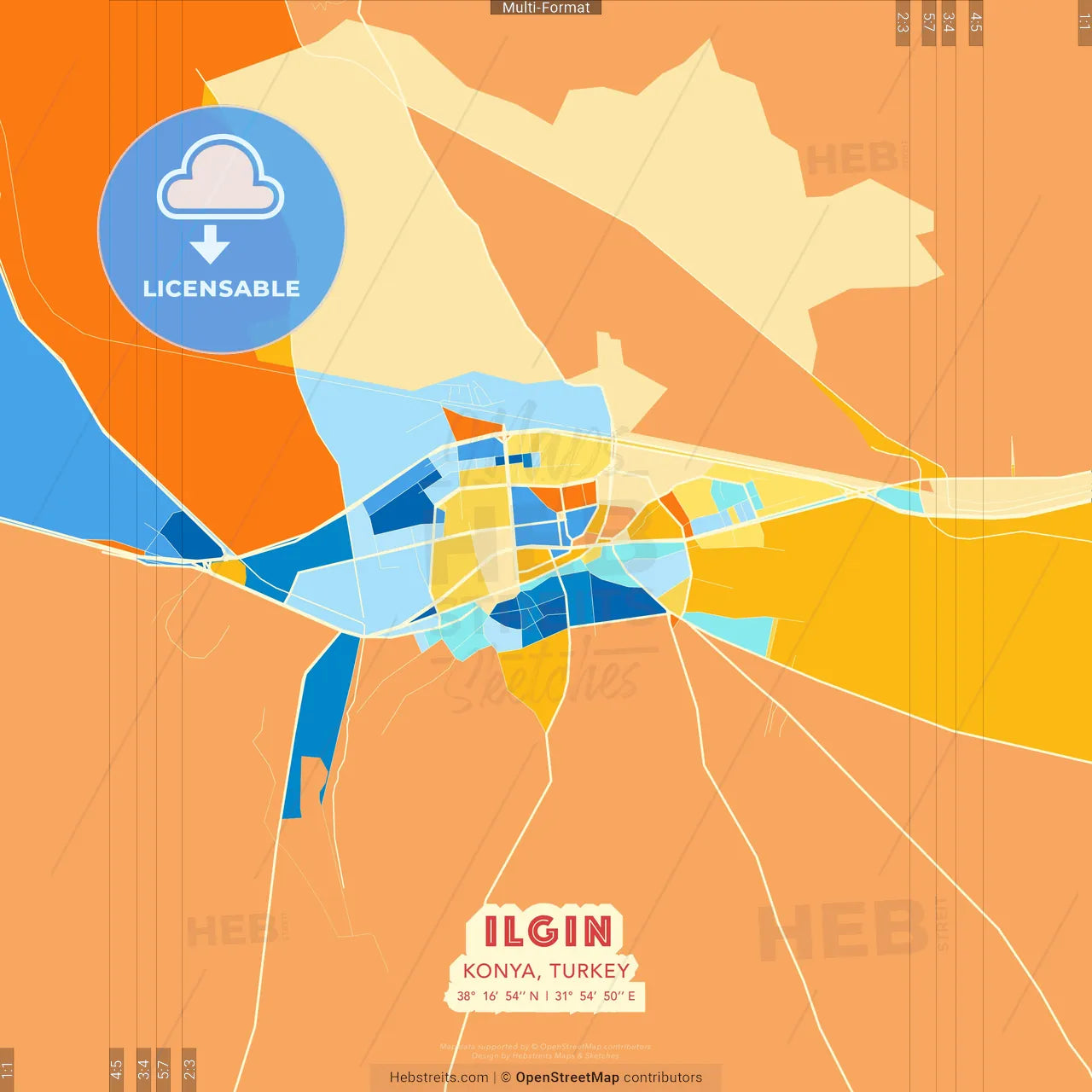 Ilgın, Konya, Turkey blue and orange vector art map template