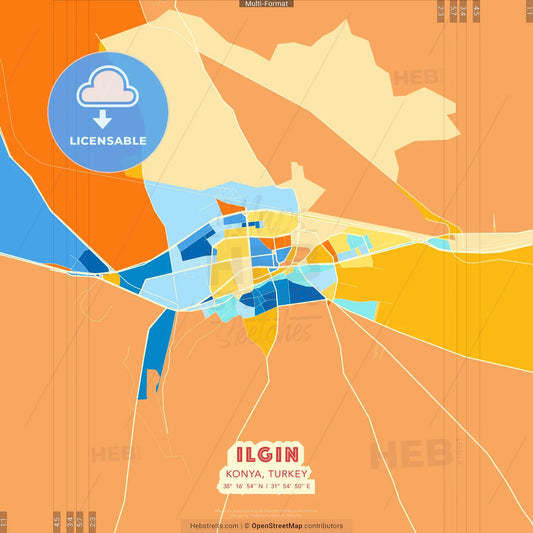 Ilgın, Konya, Turkey blue and orange vector art map template