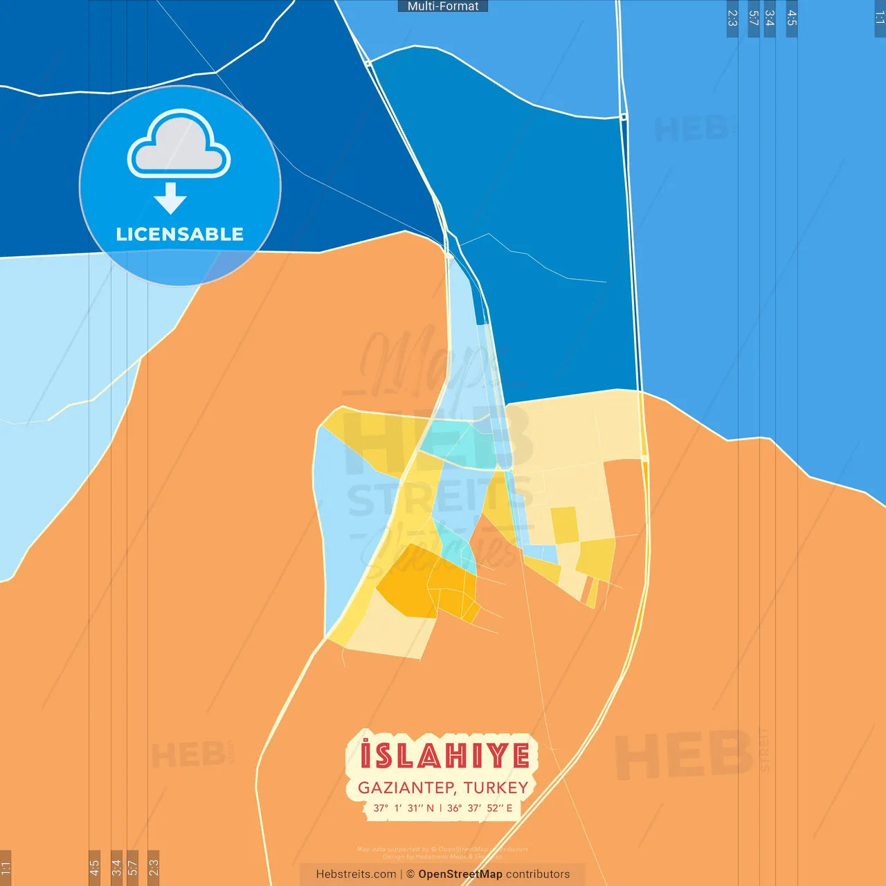 İslahiye, Gaziantep, Turkey blue and orange vector art map template