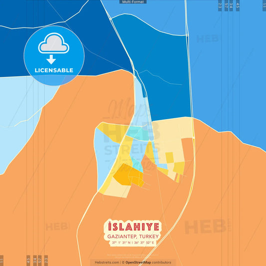 İslahiye, Gaziantep, Turkey blue and orange vector art map template