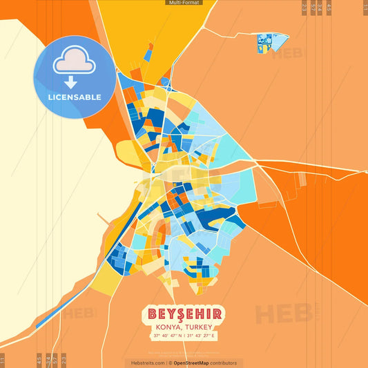 Beyşehir, Konya, Turkey blue and orange vector art map template