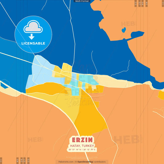 Erzin, Hatay, Turkey blue and orange vector art map template