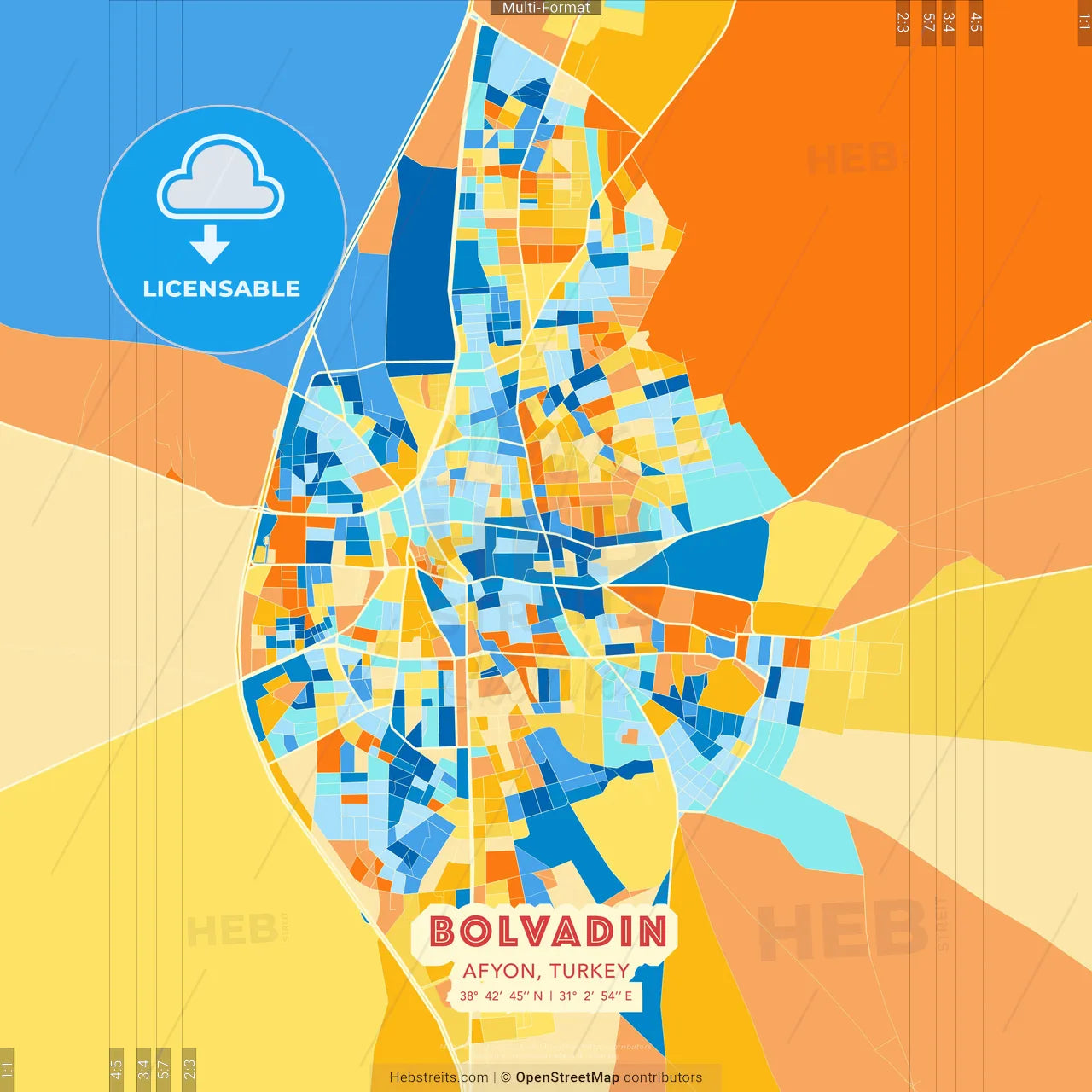 Bolvadin, Afyon, Turkey blue and orange vector art map template