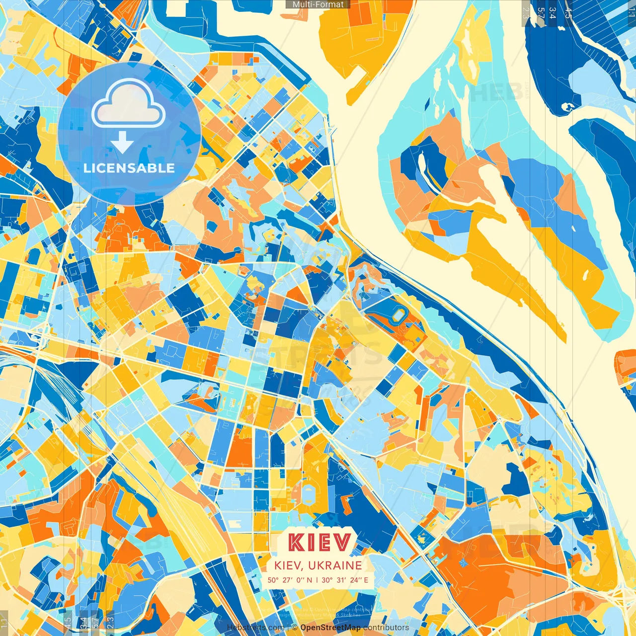Kyiv, Kyiv, Ukraine blue and orange vector art map template