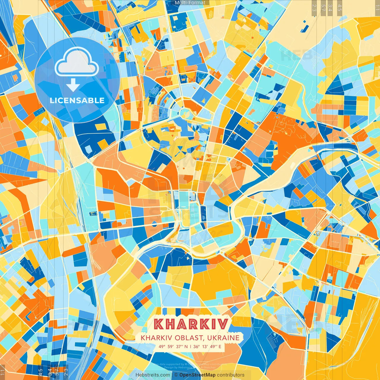 Kharkiv, Kharkiv Oblast, Ukraine blue and orange vector art map template
