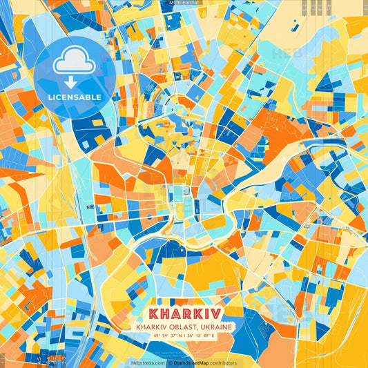 Kharkiv, Kharkiv Oblast, Ukraine blue and orange vector art map template