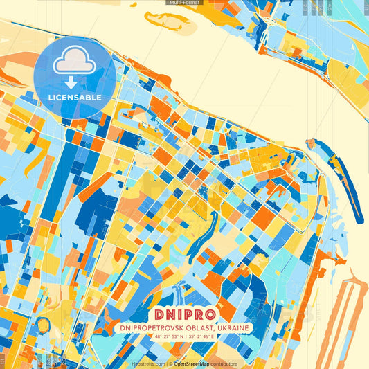 Dnipro, Dnipropetrovsk Oblast, Ukraine blue and orange vector art map template