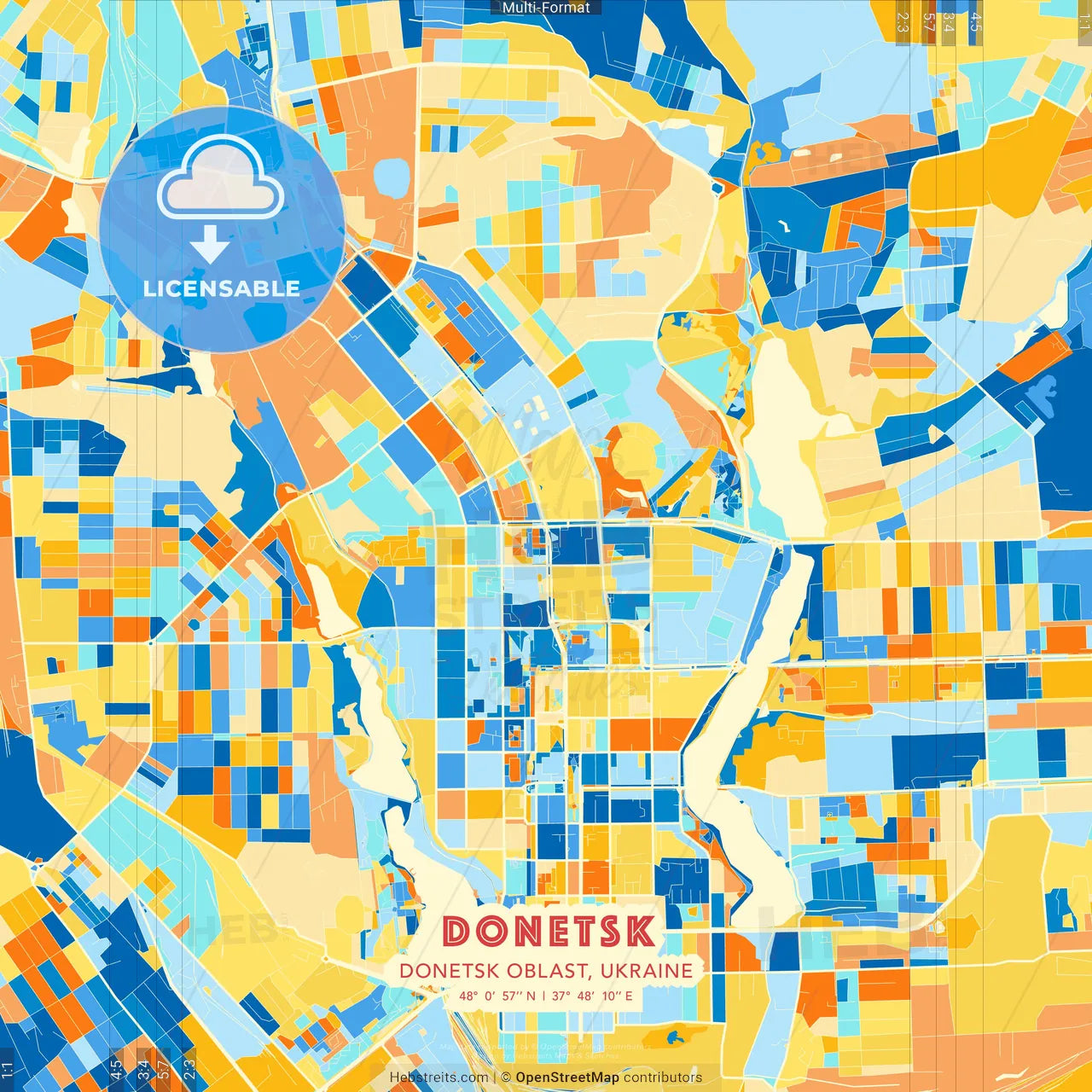 Donetsk, Donetsk Oblast, Ukraine blue and orange vector art map template