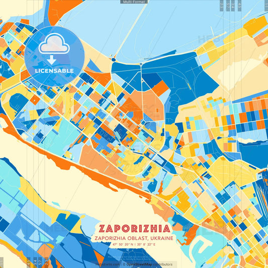 Zaporizhia, Zaporizhia Oblast, Ukraine blue and orange vector art map template