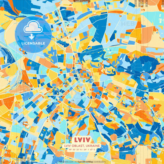 Lviv, Lviv Oblast, Ukraine blue and orange vector art map template