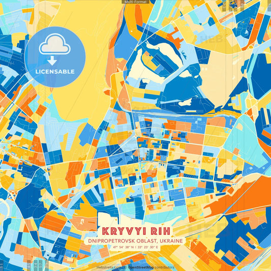 Kryvyi Rih, Dnipropetrovsk Oblast, Ukraine blue and orange vector art map template