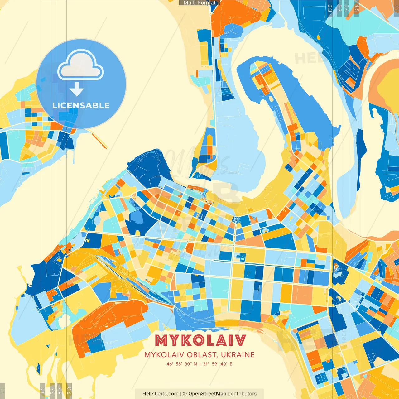 Mykolaiv, Mykolaiv Oblast, Ukraine blue and orange vector art map template