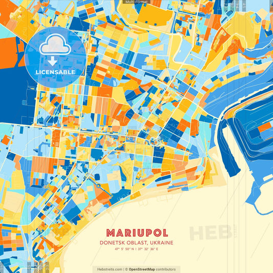 Mariupol, Donetsk Oblast, Ukraine blue and orange vector art map template