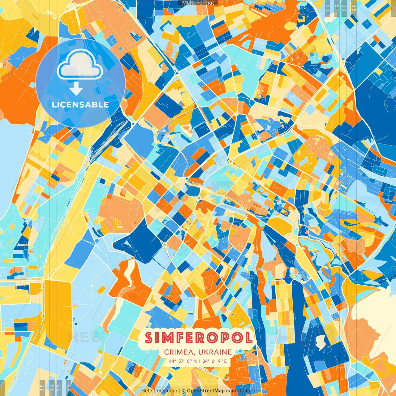 Simferopol, Crimea, Ukraine blue and orange vector art map template