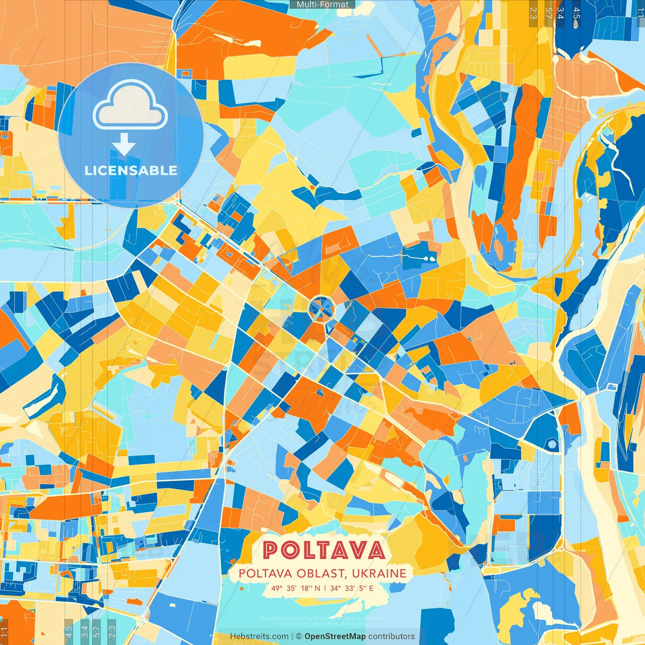 Poltava, Poltava Oblast, Ukraine blue and orange vector art map template