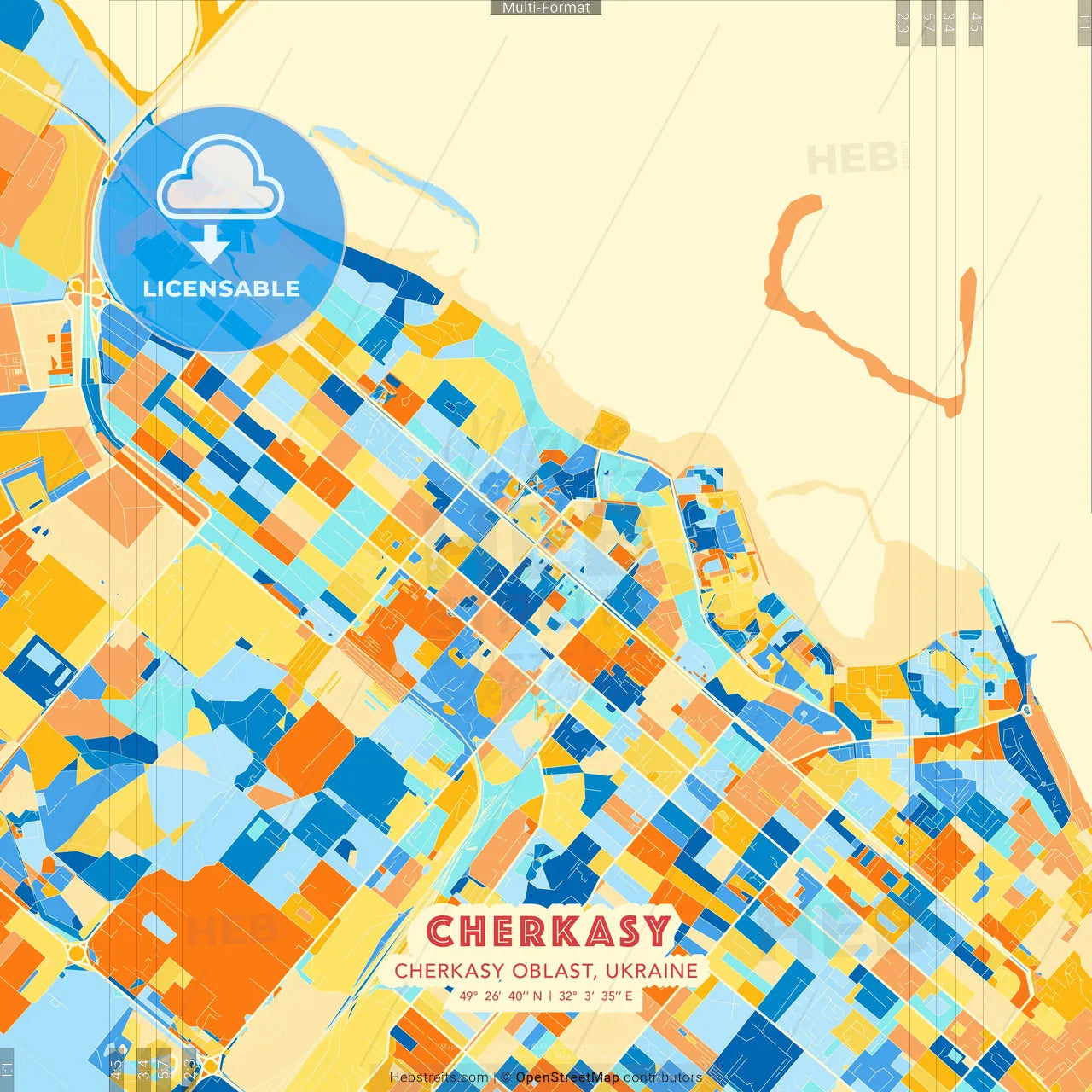 Cherkasy, Cherkasy Oblast, Ukraine blue and orange vector art map template