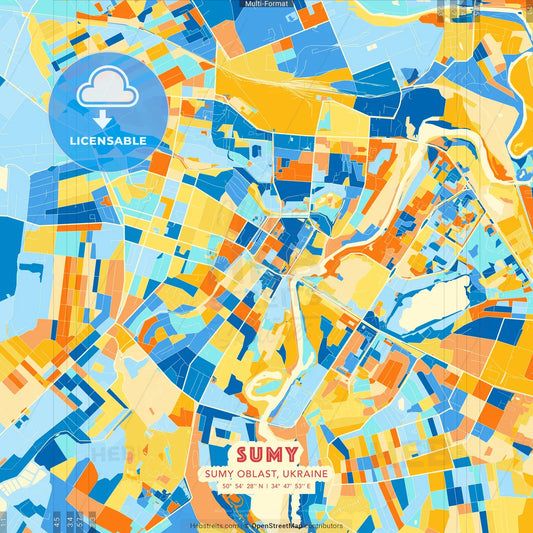 Sumy, Sumy Oblast, Ukraine blue and orange vector art map template