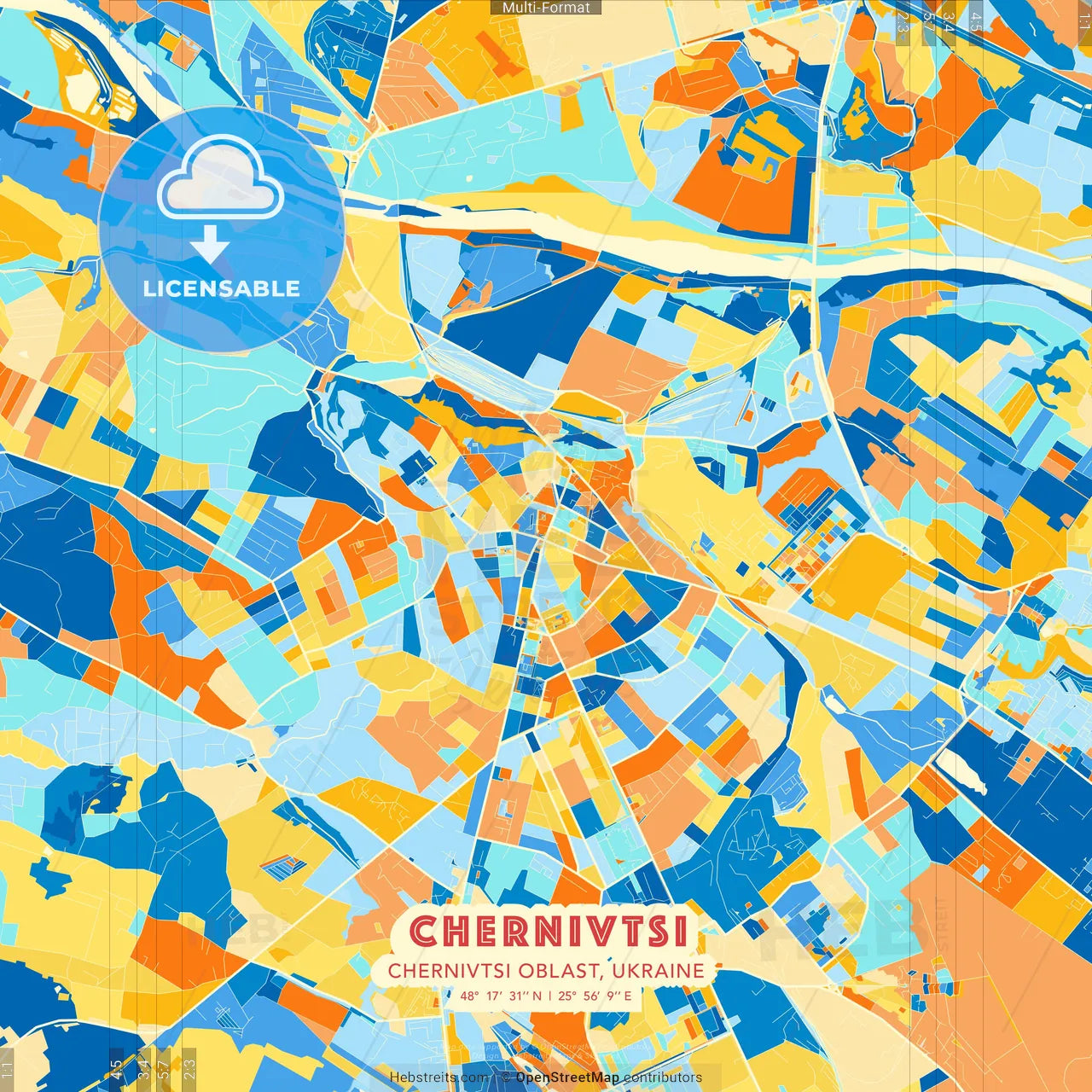 Chernivtsi, Chernivtsi Oblast, Ukraine blue and orange vector art map template