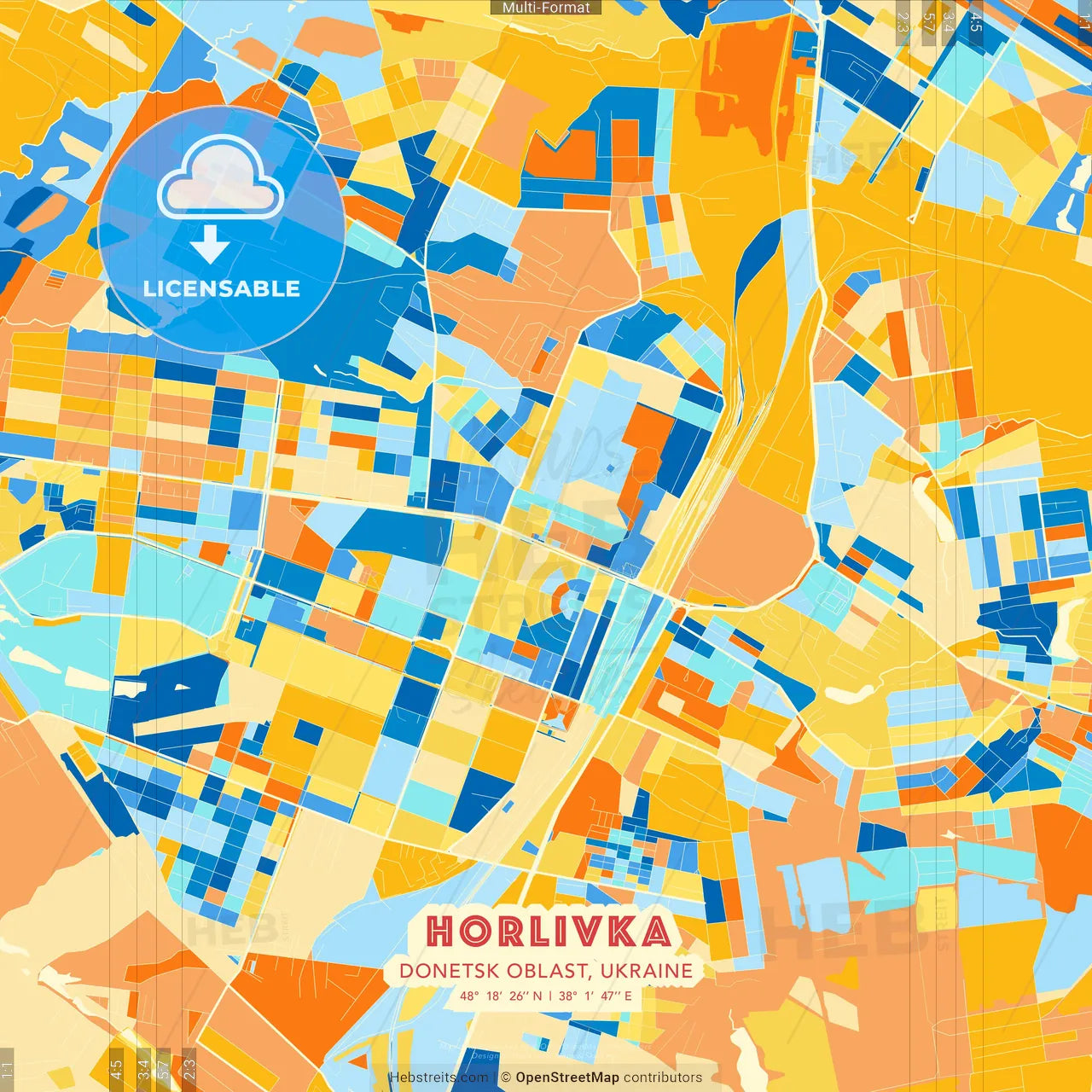 Horlivka, Donetsk Oblast, Ukraine blue and orange vector art map template