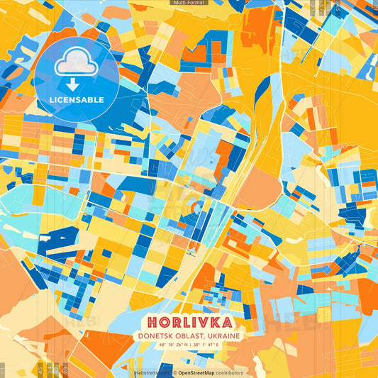 Horlivka, Donetsk Oblast, Ukraine blue and orange vector art map template