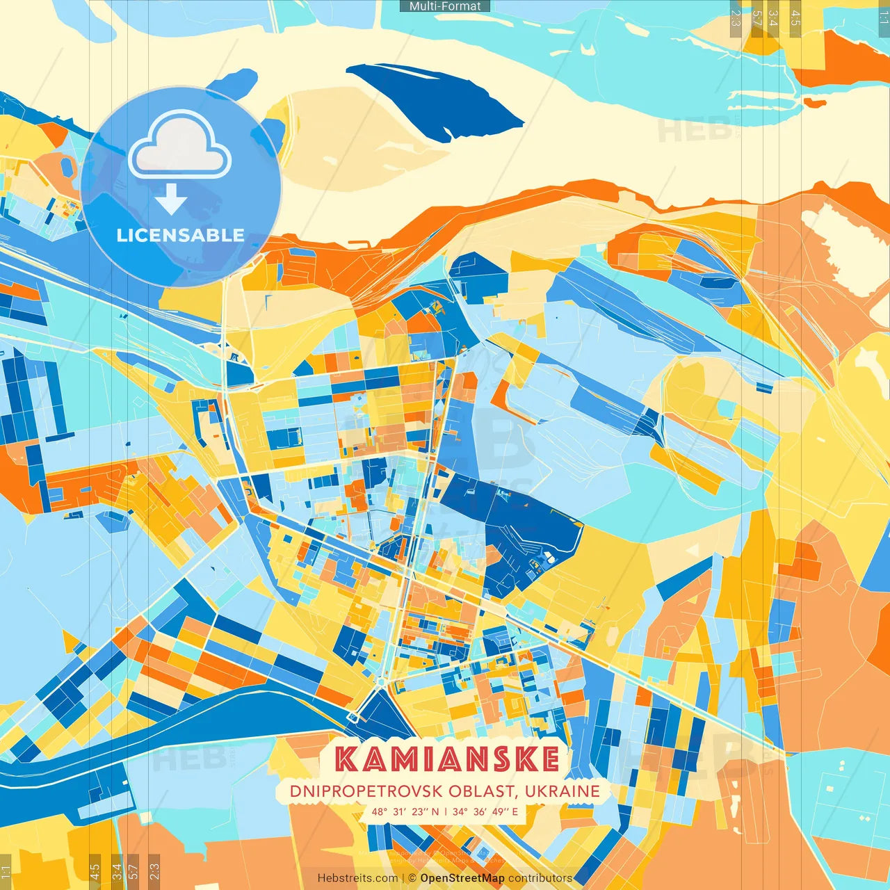 Kamianske, Dnipropetrovsk Oblast, Ukraine blue and orange vector art map template