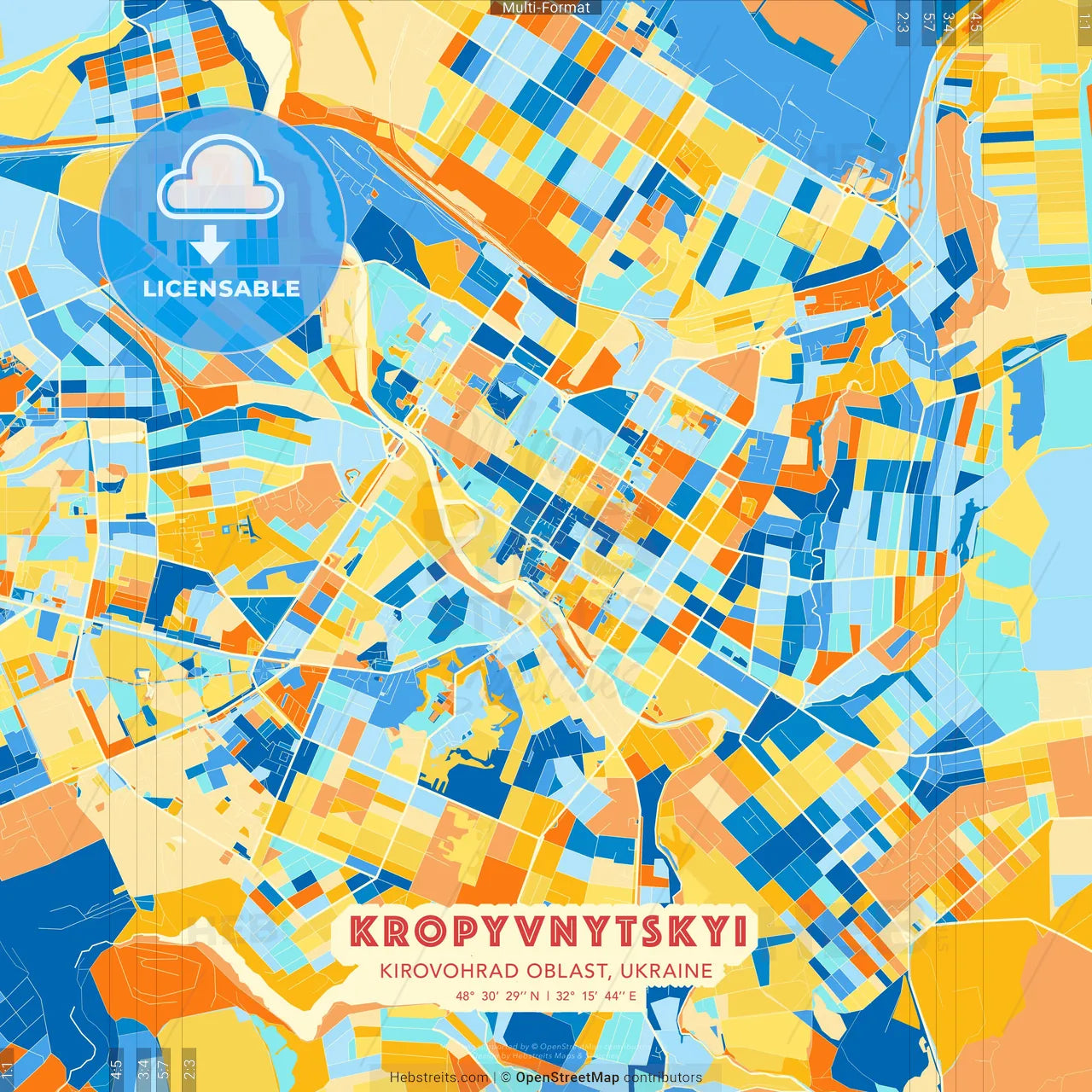 Kropyvnytskyi, Kirovohrad Oblast, Ukraine blue and orange vector art map template