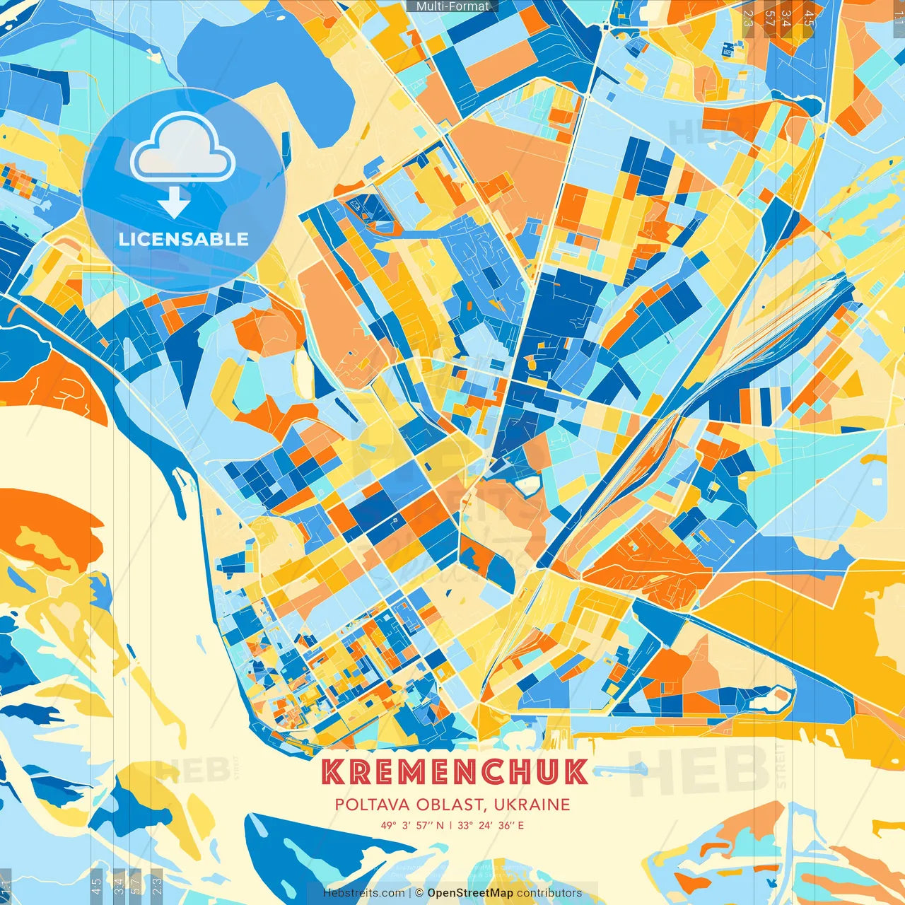 Kremenchuk, Poltava Oblast, Ukraine blue and orange vector art map template