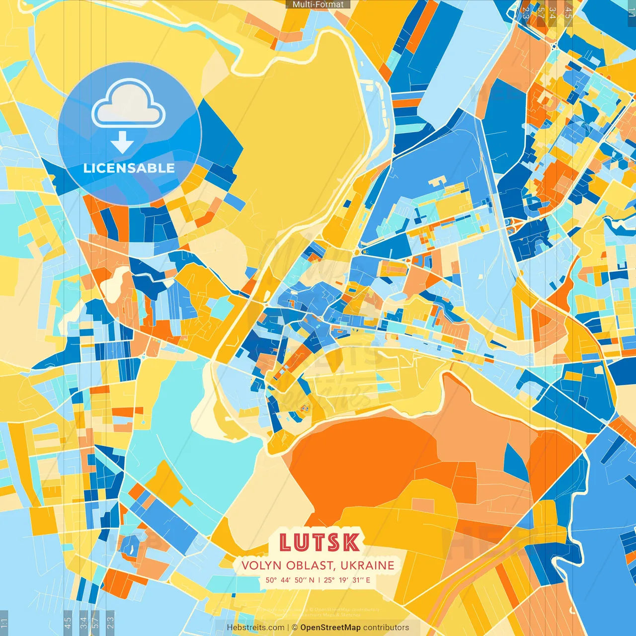 Lutsk, Volyn Oblast, Ukraine blue and orange vector art map template